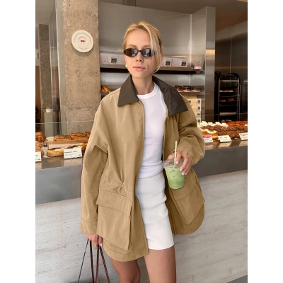 Women's Oversized Utility Jacket, Contrast Collar Zip-Up Coat with Pockets, Casual Mid-Length Outerwear for Spring & Fall 01