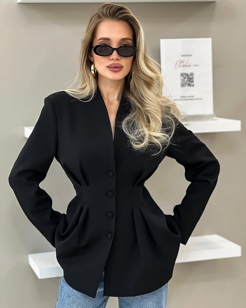 Women's Tailored Blazer, Cinched Waist Single-Breasted Blazer with Lace Hem, Long Sleeve Formal Business Casual Jacket for Women