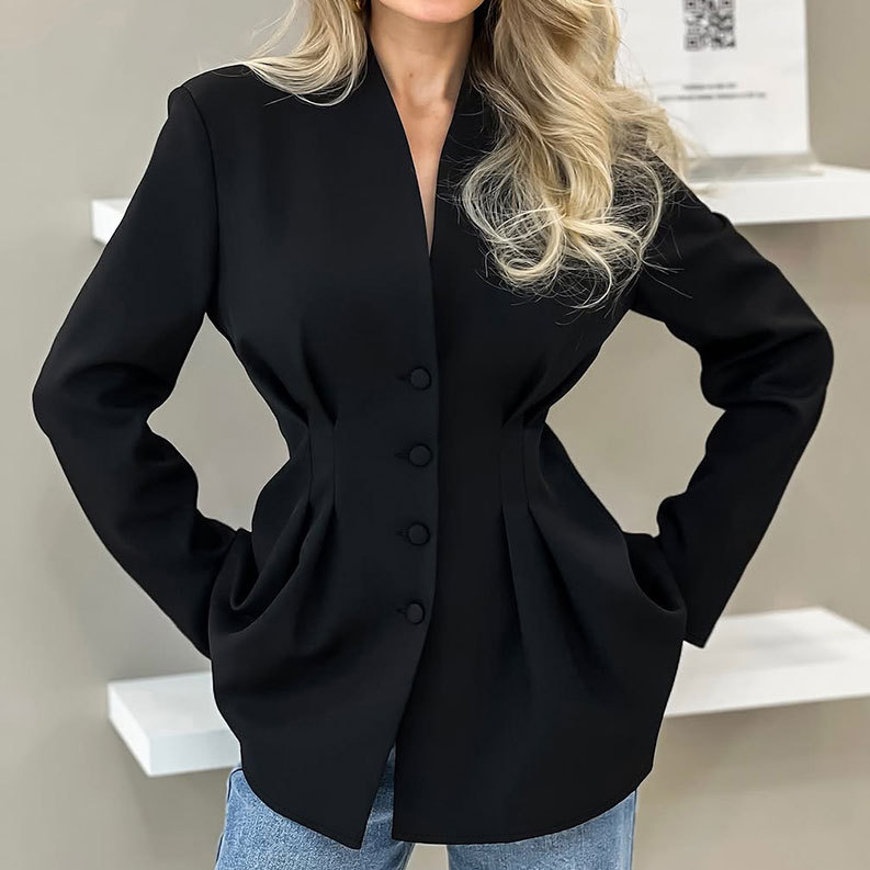 Women's Tailored Blazer, Cinched Waist Single-Breasted Blazer with Lace Hem, Long Sleeve Formal Business Casual Jacket for Women