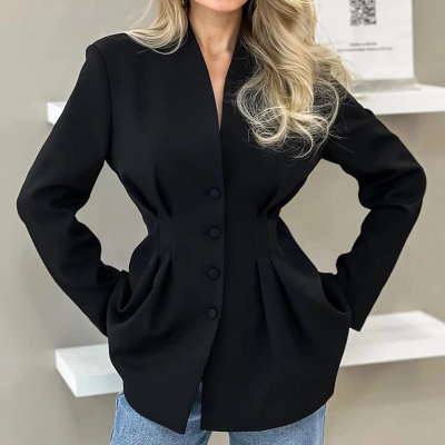 Women's Tailored Blazer, Cinched Waist Single-Breasted Blazer with Lace Hem, Long Sleeve Formal Business Casual Jacket for Women 01