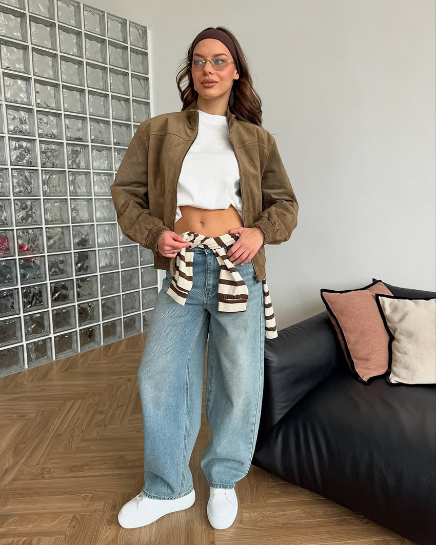 Women's Suede-Like Zip-Up Bomber Jacket, Stand Collar Casual Coat with Elastic Cuffs, Vintage-Inspired Outerwear for Spring &amp; Fall