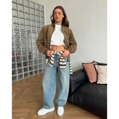 Women's Suede-Like Zip-Up Bomber Jacket, Stand Collar Casual Coat with Elastic Cuffs, Vintage-Inspired Outerwear for Spring & Fall 02