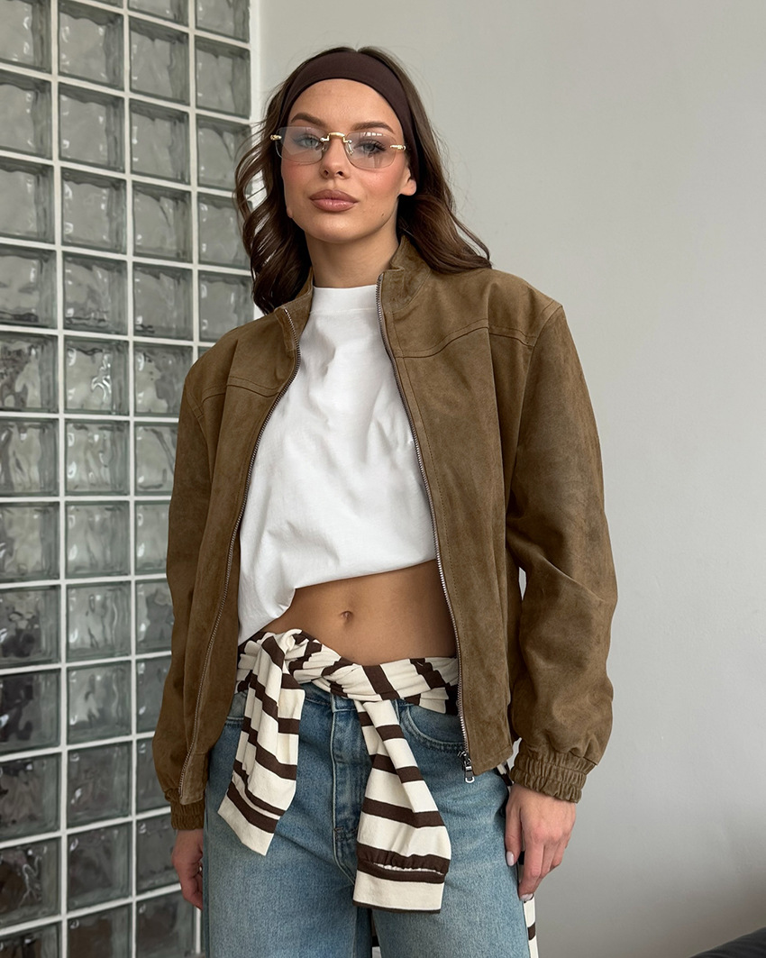 Women's Suede-Like Zip-Up Bomber Jacket, Stand Collar Casual Coat with Elastic Cuffs, Vintage-Inspired Outerwear for Spring &amp; Fall