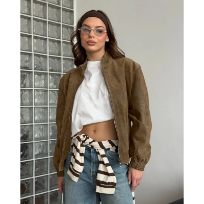 Women's Suede-Like Zip-Up Bomber Jacket, Stand Collar Casual Coat with Elastic Cuffs, Vintage-Inspired Outerwear for Spring & Fall 01
