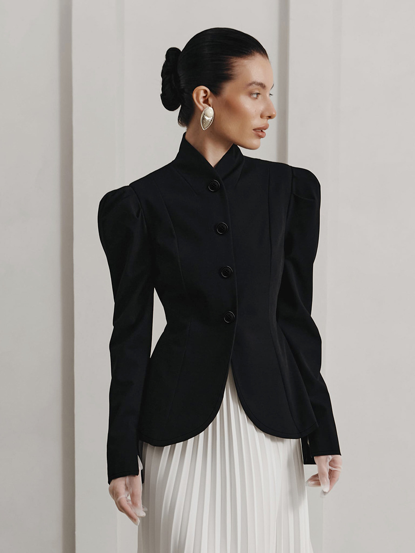 Women's Tailored High Neck Blazer, Structured Puffed Shoulder Jacket with Cinched Waist, Elegant Long Sleeve Outerwear for Office &amp; Evening