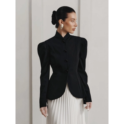 Women's Tailored High Neck Blazer, Structured Puffed Shoulder Jacket with Cinched Waist, Elegant Long Sleeve Outerwear for Office & Evening 01