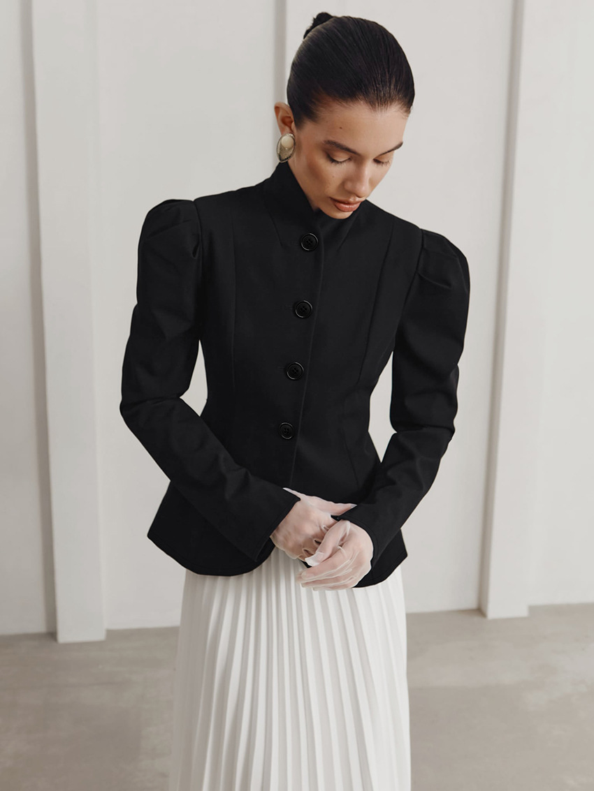Women's Tailored High Neck Blazer, Structured Puffed Shoulder Jacket with Cinched Waist, Elegant Long Sleeve Outerwear for Office &amp; Evening