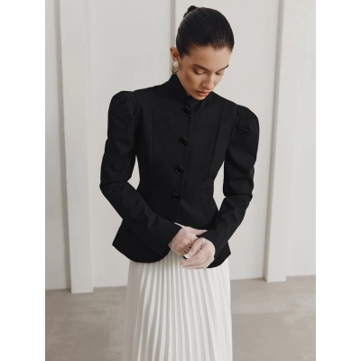 Women's Tailored High Neck Blazer, Structured Puffed Shoulder Jacket with Cinched Waist, Elegant Long Sleeve Outerwear for Office & Evening 02
