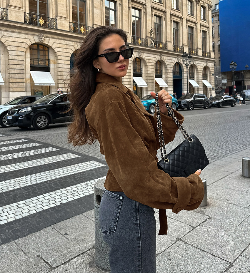 Women's Belted Suede-Like Wrap Jacket, Cropped Trench Style Coat with Notched Lapel, Casual Long Sleeve Outerwear for Fall &amp; Spring