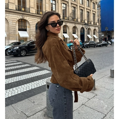 Women's Belted Suede-Like Wrap Jacket, Cropped Trench Style Coat with Notched Lapel, Casual Long Sleeve Outerwear for Fall & Spring 02
