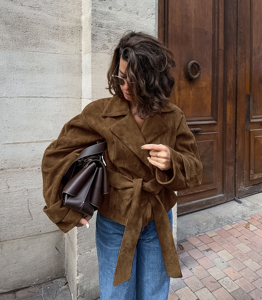 Women's Belted Suede-Like Wrap Jacket, Cropped Trench Style Coat with Notched Lapel, Casual Long Sleeve Outerwear for Fall &amp; Spring