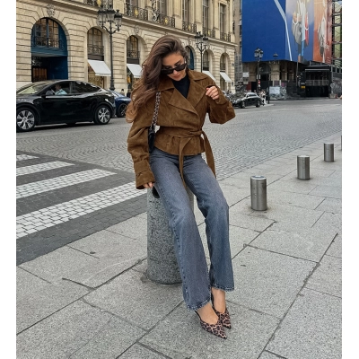 Women's Belted Suede-Like Wrap Jacket, Cropped Trench Style Coat with Notched Lapel, Casual Long Sleeve Outerwear for Fall & Spring 01