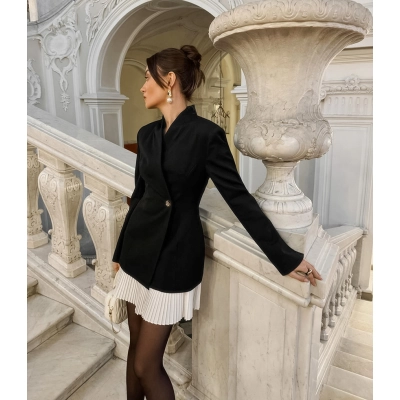 Women's Tailored One-Button Blazer Dress, Structured Shoulder Long Sleeve Mini Coat, Elegant Cinched Waist Outerwear for Party & Office 02