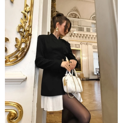 Women's Tailored One-Button Blazer Dress, Structured Shoulder Long Sleeve Mini Coat, Elegant Cinched Waist Outerwear for Party & Office 01