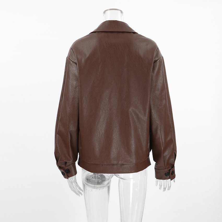 Women's Oversized Faux Leather Blazer Jacket, Double Breasted Relaxed Fit Coat, Casual Lapel Outerwear for Fall &amp; Winter