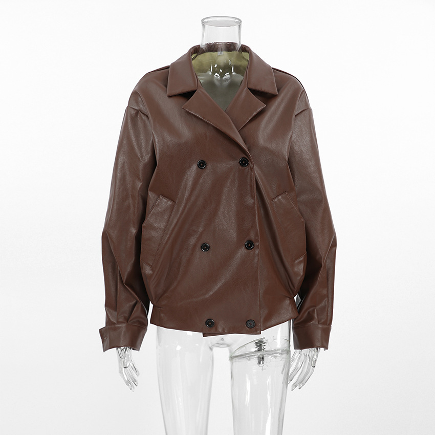 Women's Oversized Faux Leather Blazer Jacket, Double Breasted Relaxed Fit Coat, Casual Lapel Outerwear for Fall &amp; Winter