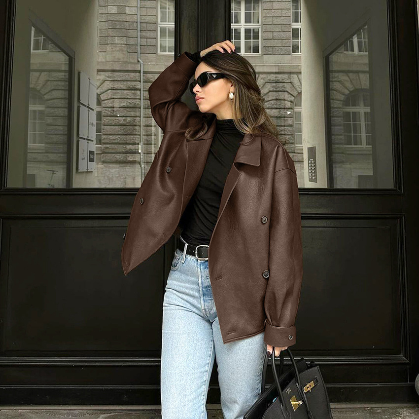 Women's Oversized Faux Leather Blazer Jacket, Double Breasted Relaxed Fit Coat, Casual Lapel Outerwear for Fall &amp; Winter