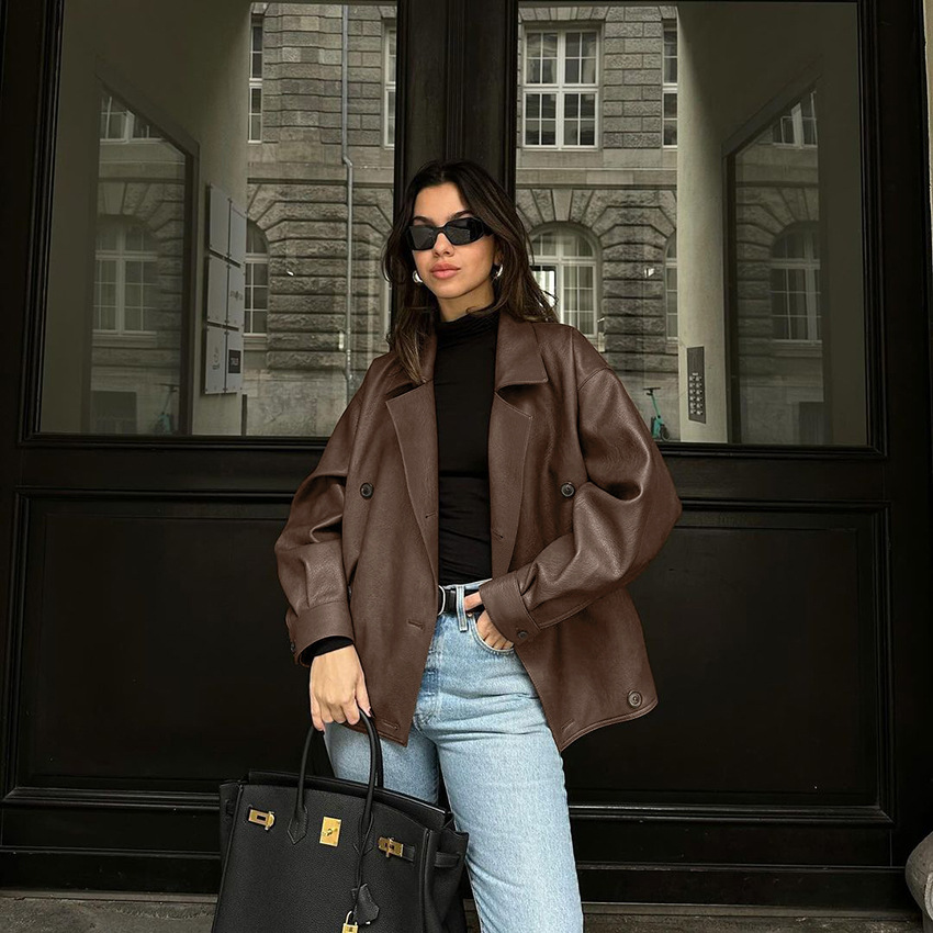 Women's Oversized Faux Leather Blazer Jacket, Double Breasted Relaxed Fit Coat, Casual Lapel Outerwear for Fall &amp; Winter