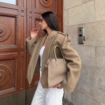 Women's Cropped Wool Blend Trench Coat, Oversized Double Breasted Jacket, Elegant Short Outerwear for Fall & Winter 01