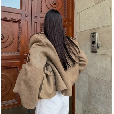 Women's Cropped Wool Blend Trench Coat, Oversized Double Breasted Jacket, Elegant Short Outerwear for Fall & Winter 02