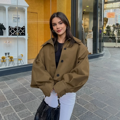 Women's Oversized Cropped Trench Jacket, Button-Down Balloon Sleeve Coat, Casual Stand Collar Outerwear for Spring & Fall 02
