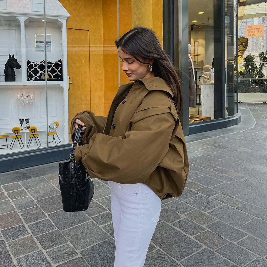Women's Oversized Cropped Trench Jacket, Button-Down Balloon Sleeve Coat, Casual Stand Collar Outerwear for Spring &amp; Fall