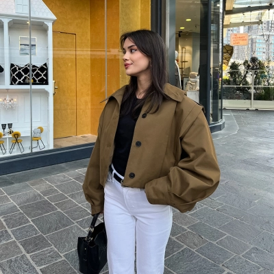 Women's Oversized Cropped Trench Jacket, Button-Down Balloon Sleeve Coat, Casual Stand Collar Outerwear for Spring & Fall 01