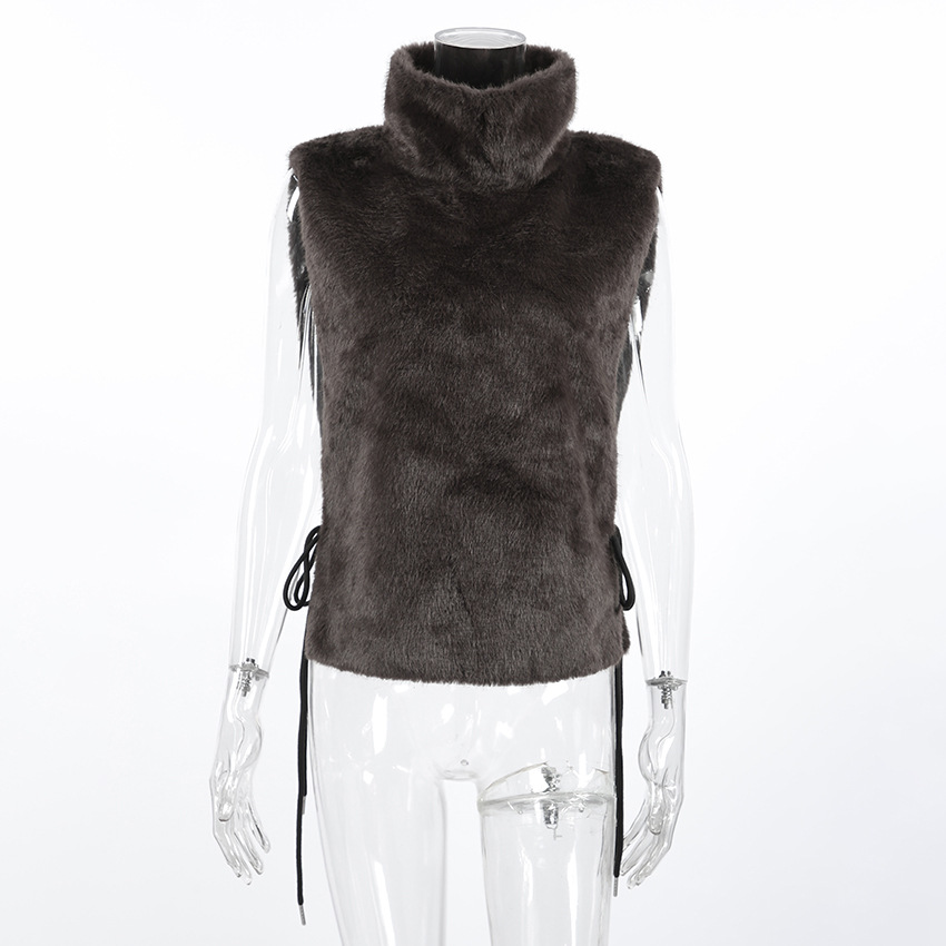 Women's Faux Fur Turtleneck Sleeveless Vest, High Neck Cropped Furry Gilet, Casual Warm Outerwear for Fall &amp; Winter