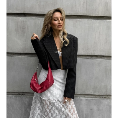 Women's Cropped Pinstripe Blazer, Open Front Short Suit Jacket with Padded Shoulders, Elegant Long Sleeve Outerwear for Party & Street 01