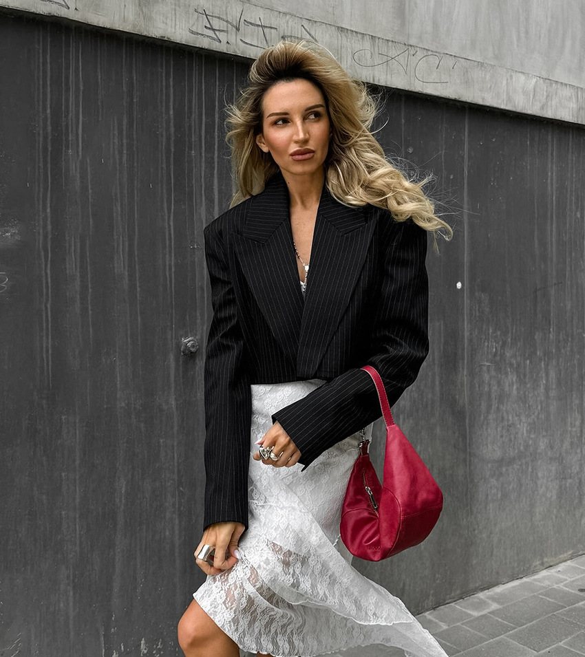 Women's Cropped Pinstripe Blazer, Open Front Short Suit Jacket with Padded Shoulders, Elegant Long Sleeve Outerwear for Party &amp; Street