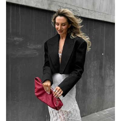 Women's Cropped Pinstripe Blazer, Open Front Short Suit Jacket with Padded Shoulders, Elegant Long Sleeve Outerwear for Party & Street 02