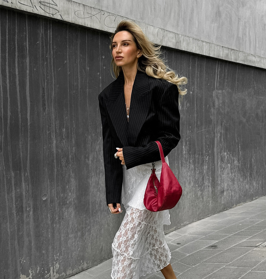 Women's Cropped Pinstripe Blazer, Open Front Short Suit Jacket with Padded Shoulders, Elegant Long Sleeve Outerwear for Party &amp; Street