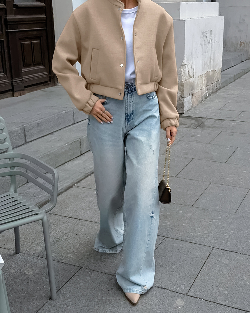 Women's Wool Blend Bomber Jacket, Button-Down Cropped Coat with Ribbed Stand Collar, Casual Relaxed Outerwear for Fall &amp; Winter