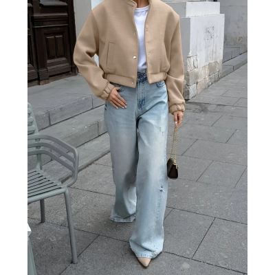 Women's Wool Blend Bomber Jacket, Button-Down Cropped Coat with Ribbed Stand Collar, Casual Relaxed Outerwear for Fall & Winter 02