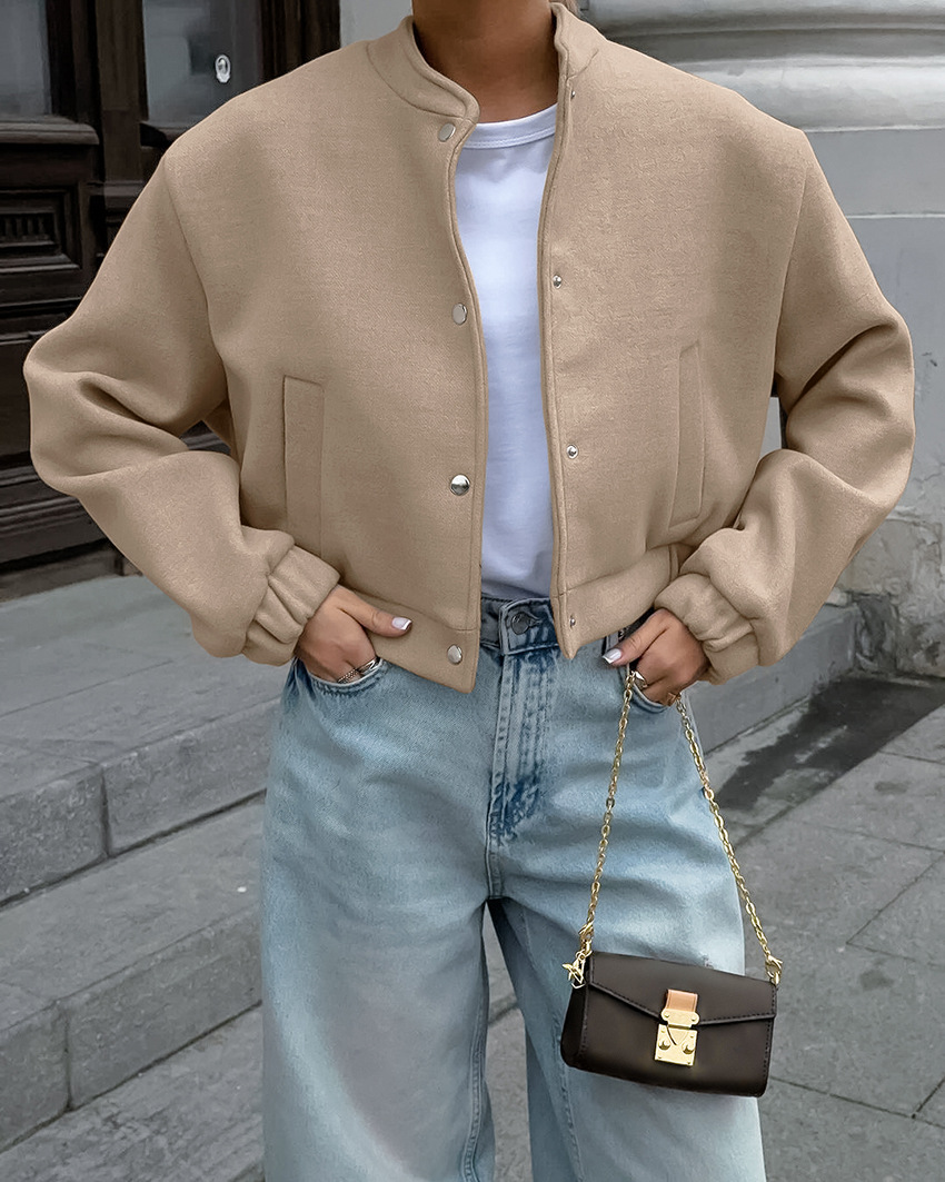 Women's Wool Blend Bomber Jacket, Button-Down Cropped Coat with Ribbed Stand Collar, Casual Relaxed Outerwear for Fall &amp; Winter