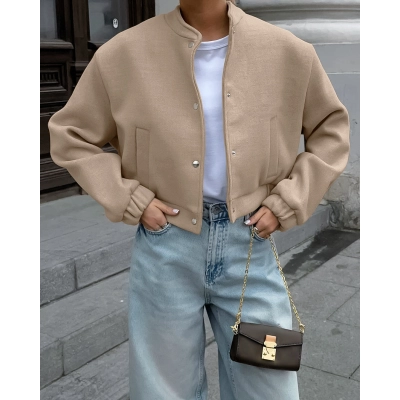 Women's Wool Blend Bomber Jacket, Button-Down Cropped Coat with Ribbed Stand Collar, Casual Relaxed Outerwear for Fall & Winter 01