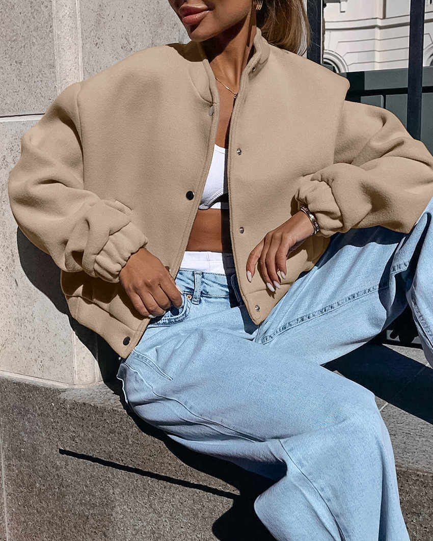 Women's Wool Blend Bomber Jacket, Button-Down Cropped Coat with Ribbed Stand Collar, Casual Relaxed Outerwear for Fall &amp; Winter