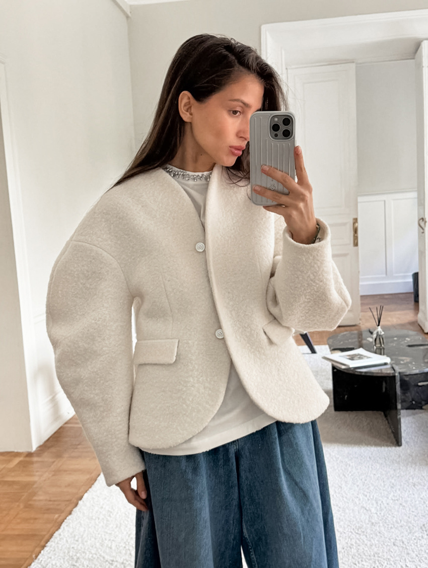 Women's V-Neck Bouclé Wool Blend Jacket, Oversized Balloon Sleeve Coat with Welt Pockets, Casual Relaxed Outerwear for Fall &amp; Winter