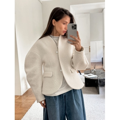 Women's V-Neck Bouclé Wool Blend Jacket, Oversized Balloon Sleeve Coat with Welt Pockets, Casual Relaxed Outerwear for Fall & Winter 01