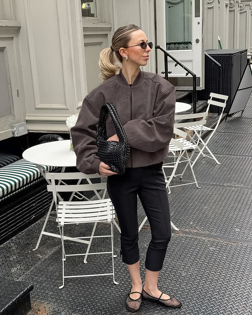 Women's Oversized Cropped Bomber Jacket, Zip-Up Suede-Like Coat with Ribbed Details, Casual Relaxed Outerwear for Spring &amp; Fall