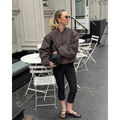 Women's Oversized Cropped Bomber Jacket, Zip-Up Suede-Like Coat with Ribbed Details, Casual Relaxed Outerwear for Spring & Fall 02