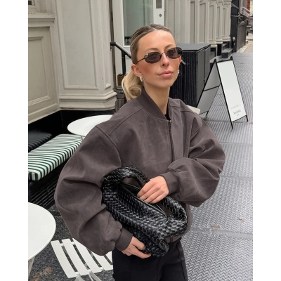 Women's Oversized Cropped Bomber Jacket, Zip-Up Suede-Like Coat with Ribbed Details, Casual Relaxed Outerwear for Spring & Fall 01