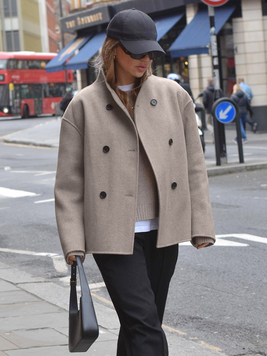 Women's Stand Collar Wool Blend Coat, Double Breasted Relaxed Fit Jacket, Casual Outerwear for Fall &amp; Winter