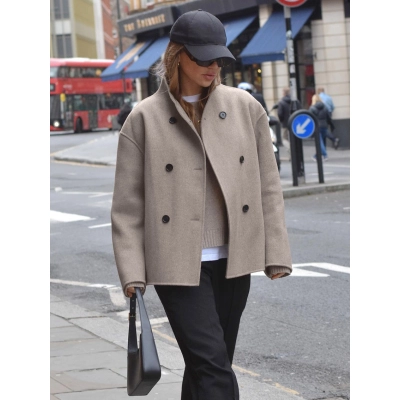 Women's Stand Collar Wool Blend Coat, Double Breasted Relaxed Fit Jacket, Casual Outerwear for Fall & Winter 01