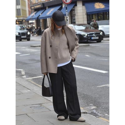 Women's Stand Collar Wool Blend Coat, Double Breasted Relaxed Fit Jacket, Casual Outerwear for Fall & Winter 02