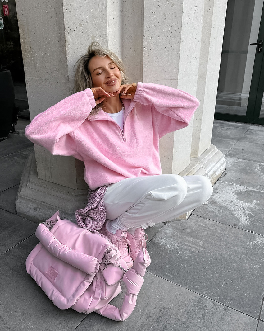 Women's Oversized Half-Zip Fleece Sweatshirt, Stand Collar Pullover Top with Elastic Cuffs, Casual Relaxed Outerwear for Fall &amp; Winter