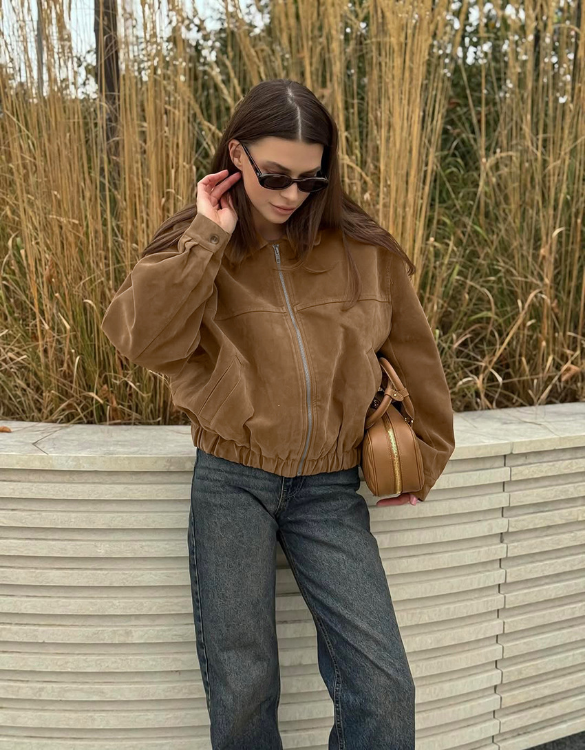 Women's Suede-Like Zip-Up Bomber Jacket, Collared Relaxed Coat with Elastic Hem, Casual Outerwear for Spring &amp; Fall