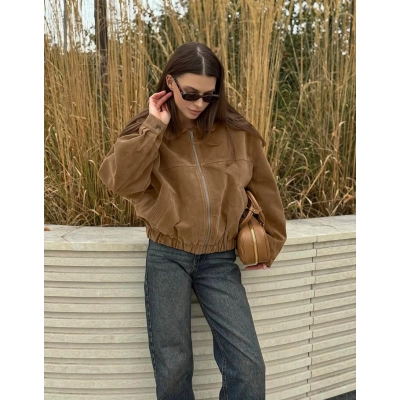 Women's Suede-Like Zip-Up Bomber Jacket, Collared Relaxed Coat with Elastic Hem, Casual Outerwear for Spring & Fall 02