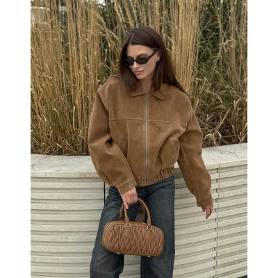 Women's Suede-Like Zip-Up Bomber Jacket, Collared Relaxed Coat with Elastic Hem, Casual Outerwear for Spring & Fall 01