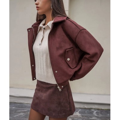 Women's Oversized Suede-Like Bomber Jacket, Zip-Up Cropped Coat with Collar, Casual Relaxed Outerwear for Fall & Winter 02